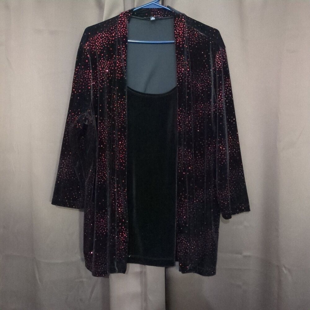 Notations Black Sparkly Velvet Cardigan With Attached Shell Womens 2X